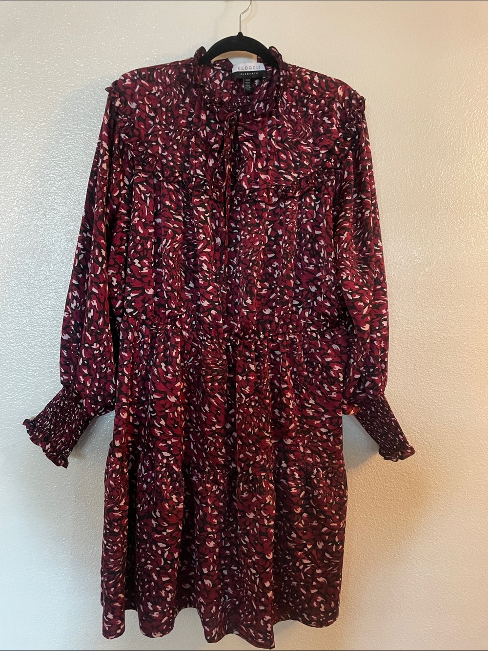 Eloquii Burgundy Floral Tie-Neck Long Sleeve Dress